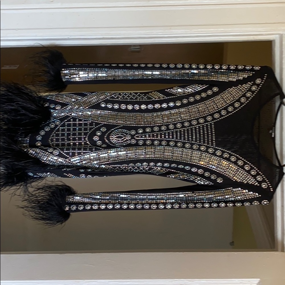 Embellished Mesh Dress with Faux Feather Detail